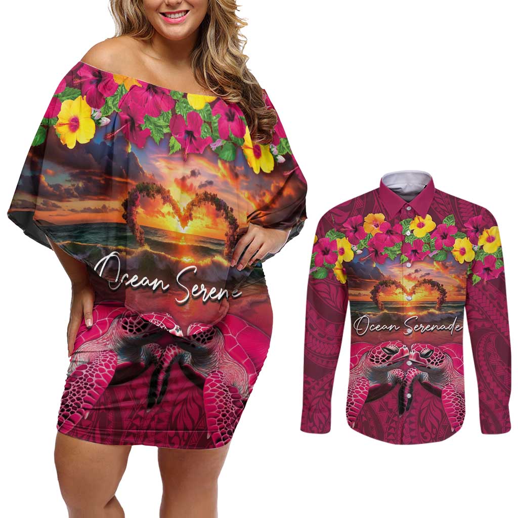 Hawaiian Turtle Love Couple Couples Matching Off Shoulder Short Dress and Long Sleeve Button Shirt Ocean Serenade - Honu Honi Ihu with Hibiscus and Romantic Sunset Pink Color LT03 Pink - Polynesian Pride