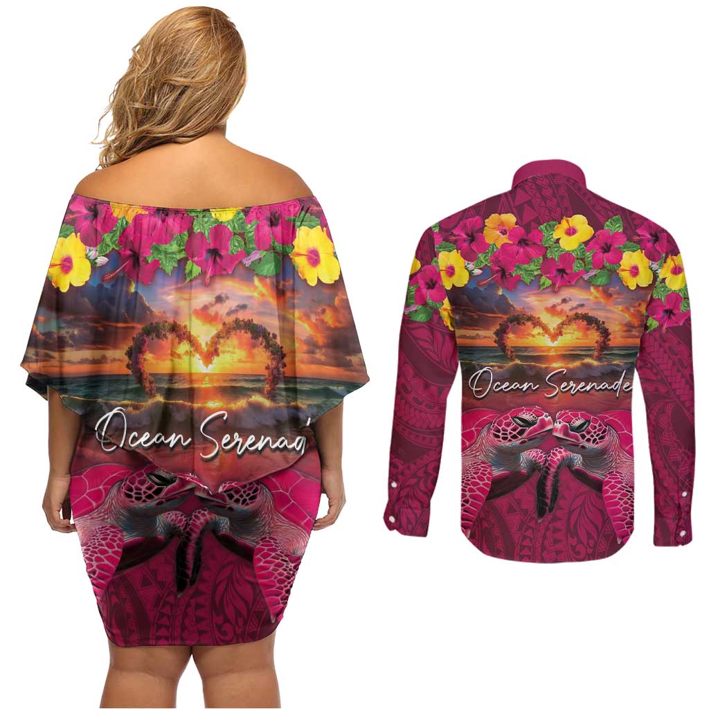 Hawaiian Turtle Love Couple Couples Matching Off Shoulder Short Dress and Long Sleeve Button Shirt Ocean Serenade - Honu Honi Ihu with Hibiscus and Romantic Sunset Pink Color LT03 - Polynesian Pride