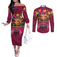 Hawaiian Turtle Love Couple Couples Matching Off The Shoulder Long Sleeve Dress and Long Sleeve Button Shirt Ocean Serenade - Honu Honi Ihu with Hibiscus and Romantic Sunset Pink Color LT03 Pink - Polynesian Pride