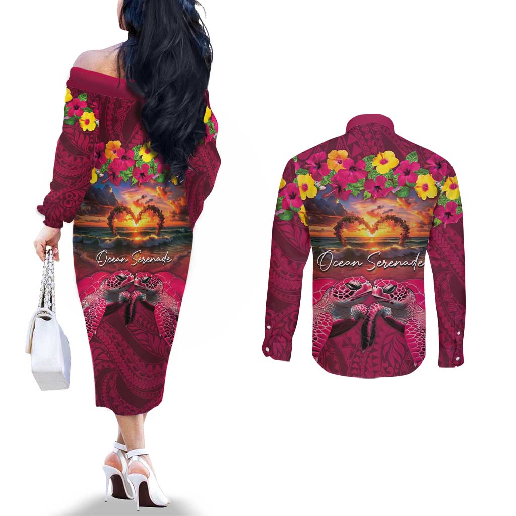 Hawaiian Turtle Love Couple Couples Matching Off The Shoulder Long Sleeve Dress and Long Sleeve Button Shirt Ocean Serenade - Honu Honi Ihu with Hibiscus and Romantic Sunset Pink Color LT03 - Polynesian Pride