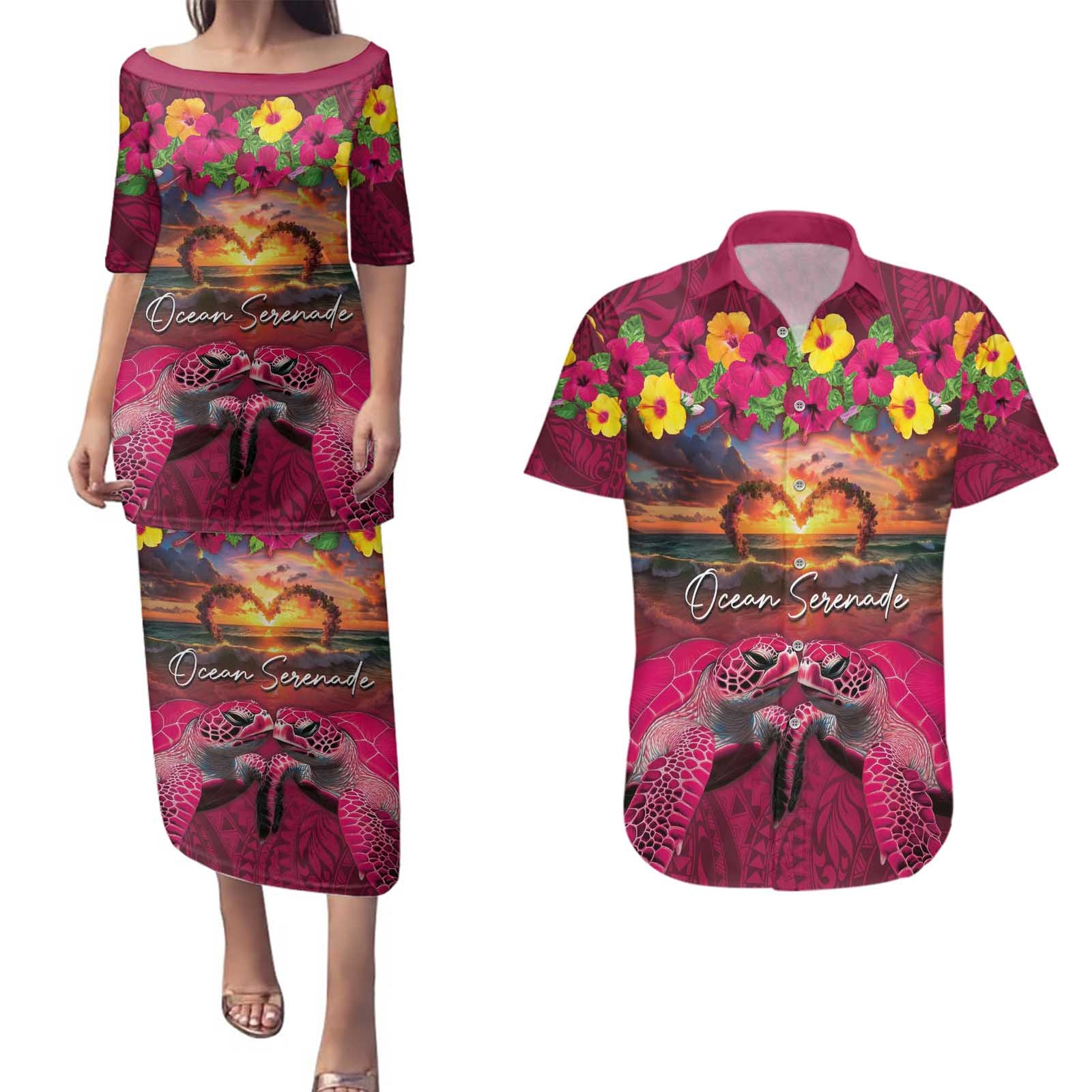 Hawaiian Turtle Love Couple Couples Matching Puletasi and Hawaiian Shirt Ocean Serenade - Honu Honi Ihu with Hibiscus and Romantic Sunset Pink Color