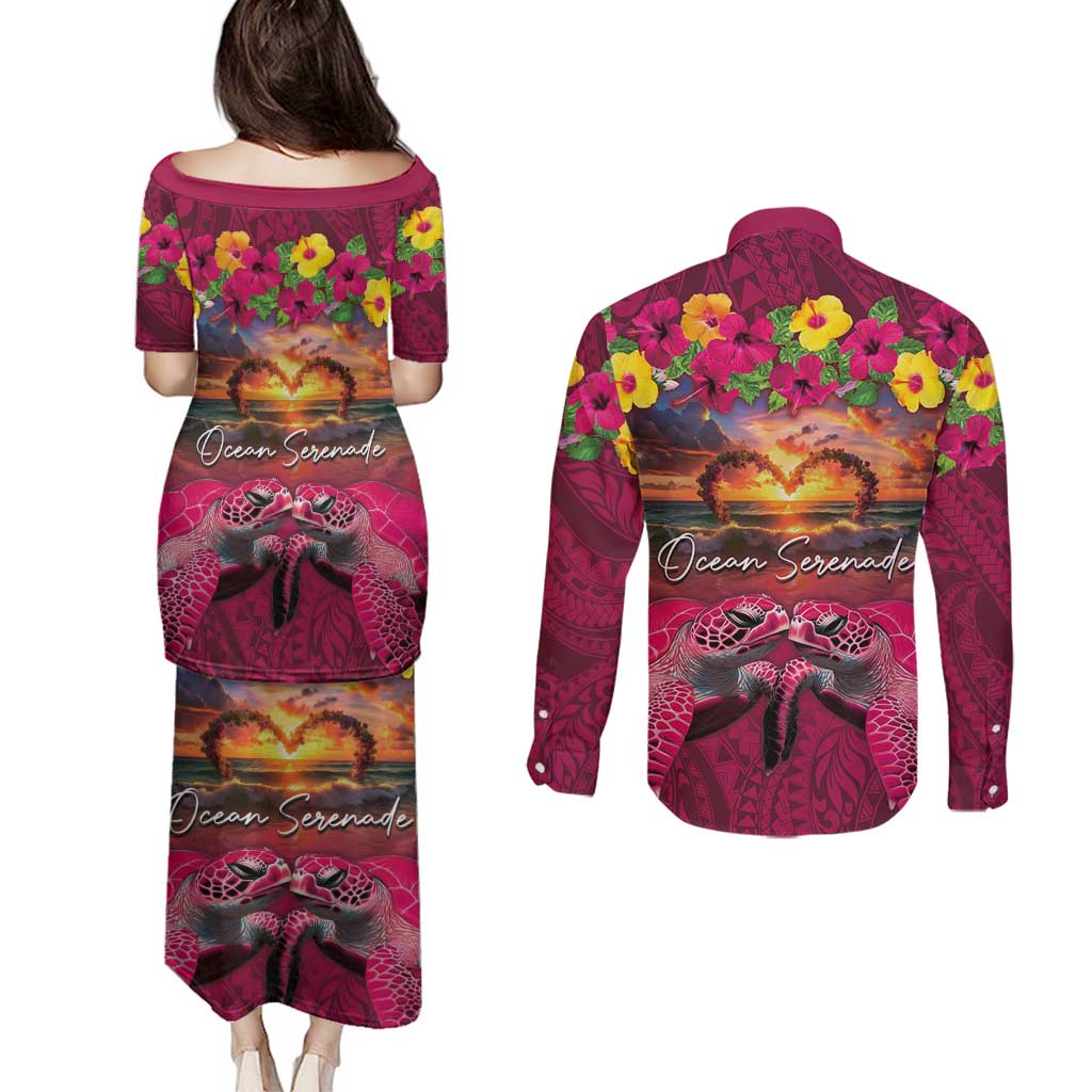 Hawaiian Turtle Love Couple Couples Matching Puletasi and Long Sleeve Button Shirt Ocean Serenade - Honu Honi Ihu with Hibiscus and Romantic Sunset Pink Color LT03 - Polynesian Pride