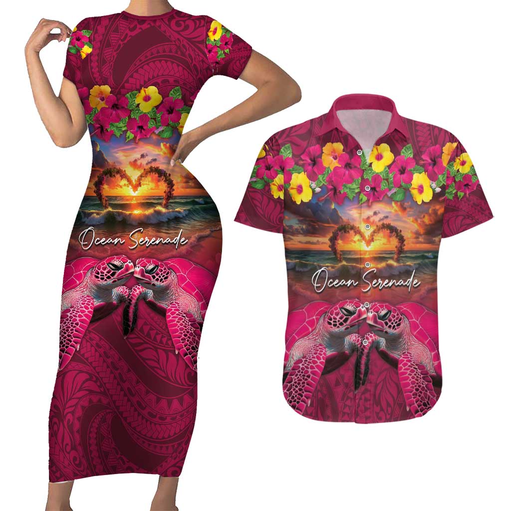 Hawaiian Turtle Love Couple Couples Matching Short Sleeve Bodycon Dress and Hawaiian Shirt Ocean Serenade - Honu Honi Ihu with Hibiscus and Romantic Sunset Pink Color LT03 Pink - Polynesian Pride
