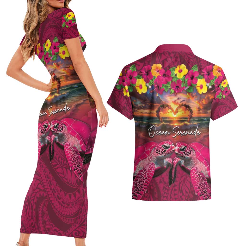 Hawaiian Turtle Love Couple Couples Matching Short Sleeve Bodycon Dress and Hawaiian Shirt Ocean Serenade - Honu Honi Ihu with Hibiscus and Romantic Sunset Pink Color LT03 - Polynesian Pride