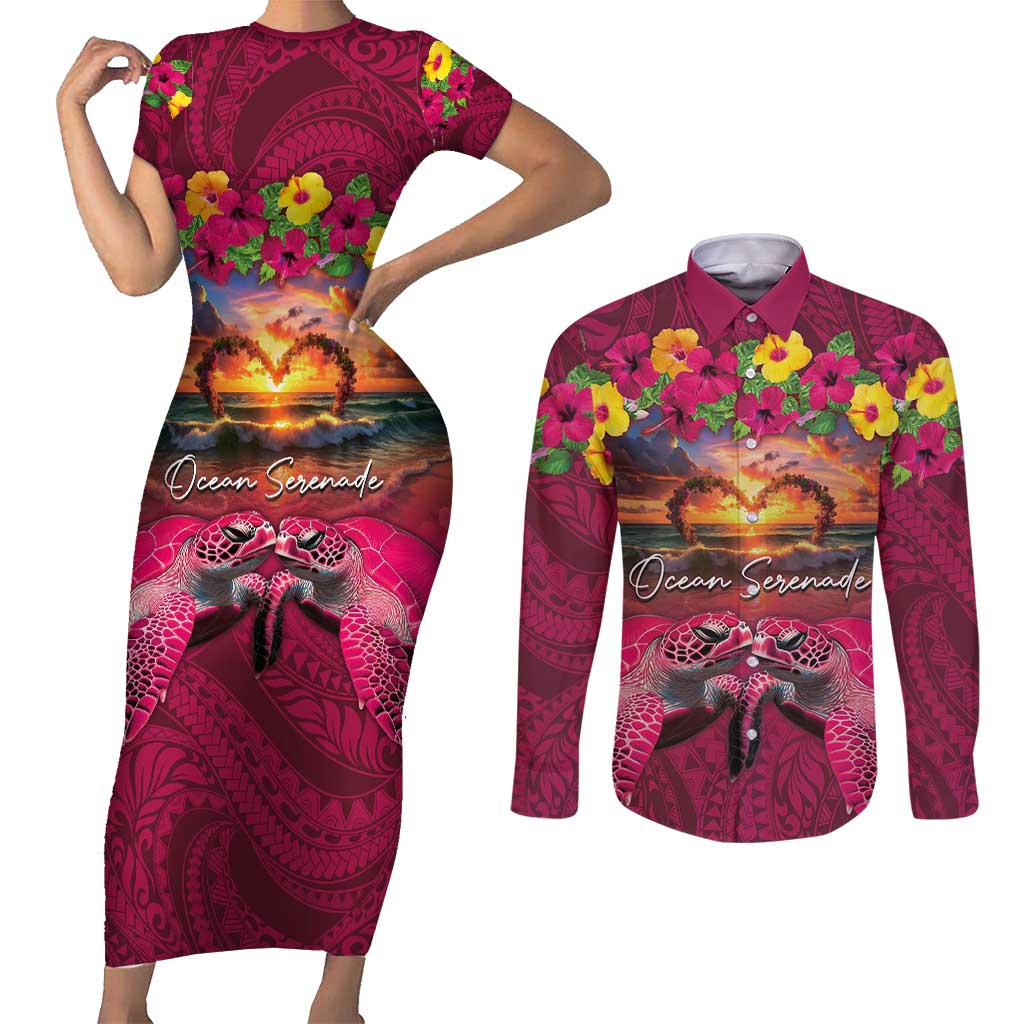 Hawaiian Turtle Love Couple Couples Matching Short Sleeve Bodycon Dress and Long Sleeve Button Shirt Ocean Serenade - Honu Honi Ihu with Hibiscus and Romantic Sunset Pink Color LT03 Pink - Polynesian Pride