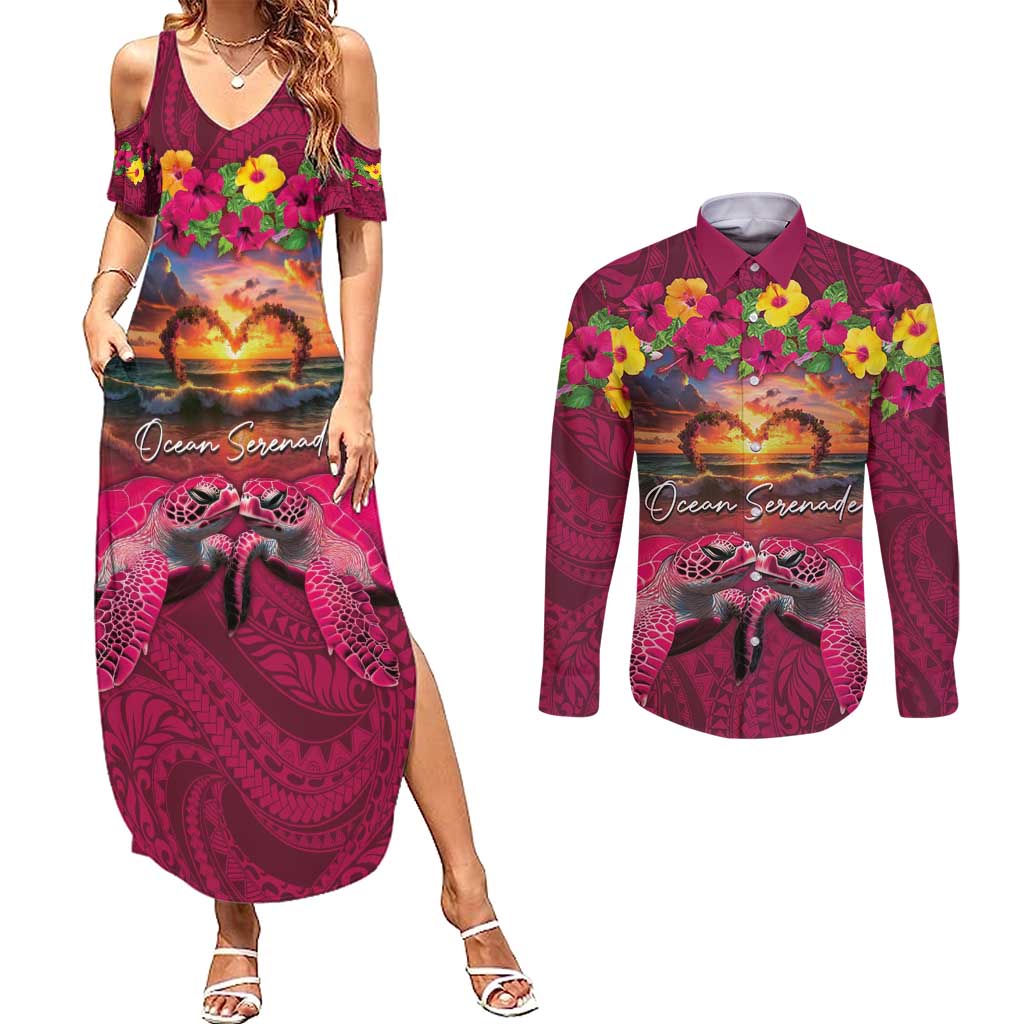 Hawaiian Turtle Love Couple Couples Matching Summer Maxi Dress and Long Sleeve Button Shirt Ocean Serenade - Honu Honi Ihu with Hibiscus and Romantic Sunset Pink Color LT03 Pink - Polynesian Pride