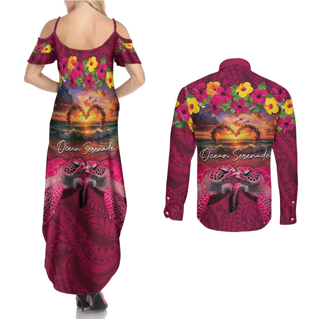Hawaiian Turtle Love Couple Couples Matching Summer Maxi Dress and Long Sleeve Button Shirt Ocean Serenade - Honu Honi Ihu with Hibiscus and Romantic Sunset Pink Color LT03 - Polynesian Pride