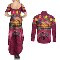 Hawaiian Turtle Love Couple Couples Matching Summer Maxi Dress and Long Sleeve Button Shirt Ocean Serenade - Honu Honi Ihu with Hibiscus and Romantic Sunset Pink Color LT03 - Polynesian Pride