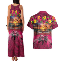 Hawaiian Turtle Love Couple Couples Matching Tank Maxi Dress and Hawaiian Shirt Ocean Serenade - Honu Honi Ihu with Hibiscus and Romantic Sunset Pink Color LT03 - Polynesian Pride