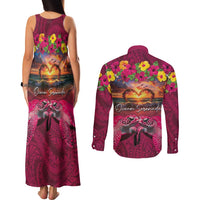 Hawaiian Turtle Love Couple Couples Matching Tank Maxi Dress and Long Sleeve Button Shirt Ocean Serenade - Honu Honi Ihu with Hibiscus and Romantic Sunset Pink Color LT03 - Polynesian Pride