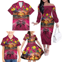 Hawaiian Turtle Love Couple Family Matching Off The Shoulder Long Sleeve Dress and Hawaiian Shirt Ocean Serenade - Honu Honi Ihu with Hibiscus and Romantic Sunset Pink Color LT03 - Polynesian Pride