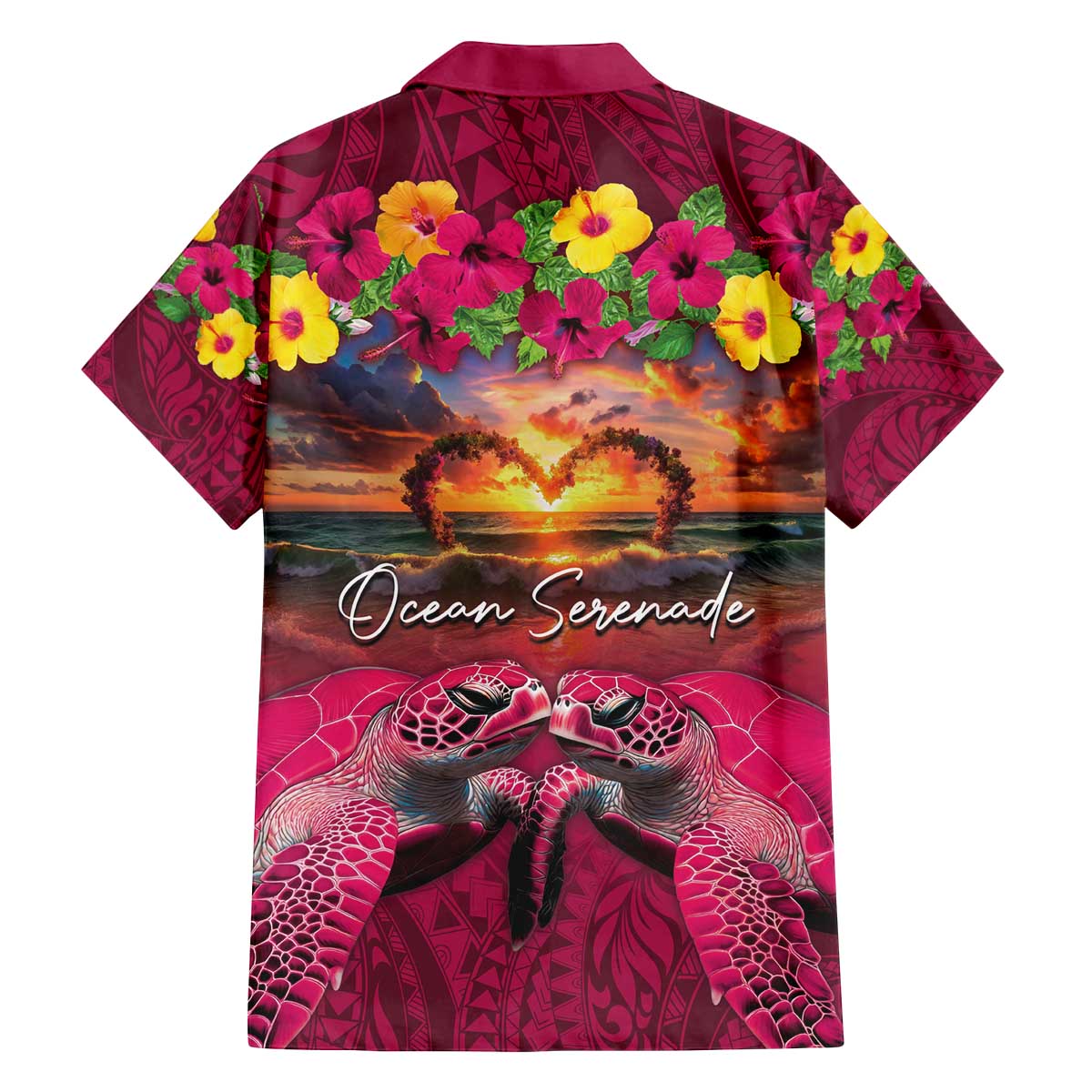Hawaiian Turtle Love Couple Family Matching Off The Shoulder Long Sleeve Dress and Hawaiian Shirt Ocean Serenade - Honu Honi Ihu with Hibiscus and Romantic Sunset Pink Color LT03 - Polynesian Pride