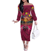 Hawaiian Turtle Love Couple Family Matching Off The Shoulder Long Sleeve Dress and Hawaiian Shirt Ocean Serenade - Honu Honi Ihu with Hibiscus and Romantic Sunset Pink Color LT03 Mom's Dress Pink - Polynesian Pride