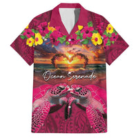 Hawaiian Turtle Love Couple Family Matching Off Shoulder Maxi Dress and Hawaiian Shirt Ocean Serenade - Honu Honi Ihu with Hibiscus and Romantic Sunset Pink Color LT03 Dad's Shirt - Short Sleeve Pink - Polynesian Pride