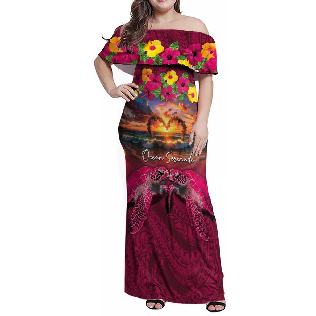 Hawaiian Turtle Love Couple Family Matching Off Shoulder Maxi Dress and Hawaiian Shirt Ocean Serenade - Honu Honi Ihu with Hibiscus and Romantic Sunset Pink Color LT03 Mom's Dress Pink - Polynesian Pride