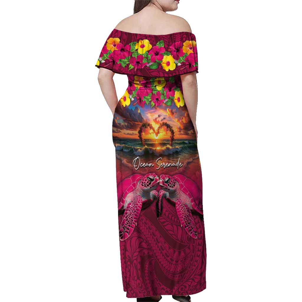 Hawaiian Turtle Love Couple Family Matching Off Shoulder Maxi Dress and Hawaiian Shirt Ocean Serenade - Honu Honi Ihu with Hibiscus and Romantic Sunset Pink Color LT03 - Polynesian Pride