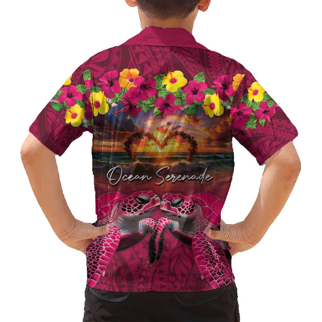 Hawaiian Turtle Love Couple Family Matching Off Shoulder Short Dress and Hawaiian Shirt Ocean Serenade - Honu Honi Ihu with Hibiscus and Romantic Sunset Pink Color LT03 - Polynesian Pride