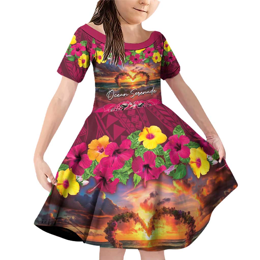 Hawaiian Turtle Love Couple Family Matching Off Shoulder Short Dress and Hawaiian Shirt Ocean Serenade - Honu Honi Ihu with Hibiscus and Romantic Sunset Pink Color LT03 Daughter's Dress Pink - Polynesian Pride