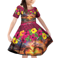 Hawaiian Turtle Love Couple Family Matching Off Shoulder Short Dress and Hawaiian Shirt Ocean Serenade - Honu Honi Ihu with Hibiscus and Romantic Sunset Pink Color LT03 Daughter's Dress Pink - Polynesian Pride