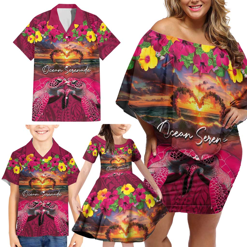 Hawaiian Turtle Love Couple Family Matching Off Shoulder Short Dress and Hawaiian Shirt Ocean Serenade - Honu Honi Ihu with Hibiscus and Romantic Sunset Pink Color LT03 - Polynesian Pride