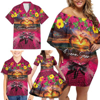 Hawaiian Turtle Love Couple Family Matching Off Shoulder Short Dress and Hawaiian Shirt Ocean Serenade - Honu Honi Ihu with Hibiscus and Romantic Sunset Pink Color LT03 - Polynesian Pride
