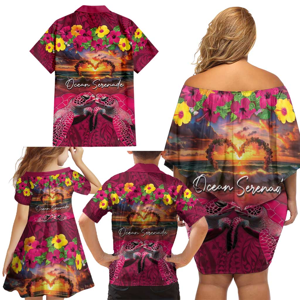 Hawaiian Turtle Love Couple Family Matching Off Shoulder Short Dress and Hawaiian Shirt Ocean Serenade - Honu Honi Ihu with Hibiscus and Romantic Sunset Pink Color LT03 - Polynesian Pride
