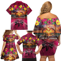Hawaiian Turtle Love Couple Family Matching Off Shoulder Short Dress and Hawaiian Shirt Ocean Serenade - Honu Honi Ihu with Hibiscus and Romantic Sunset Pink Color LT03 - Polynesian Pride