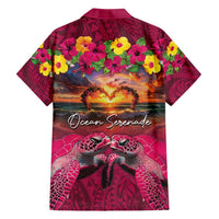 Hawaiian Turtle Love Couple Family Matching Off Shoulder Short Dress and Hawaiian Shirt Ocean Serenade - Honu Honi Ihu with Hibiscus and Romantic Sunset Pink Color LT03 - Polynesian Pride