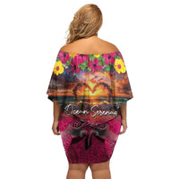 Hawaiian Turtle Love Couple Family Matching Off Shoulder Short Dress and Hawaiian Shirt Ocean Serenade - Honu Honi Ihu with Hibiscus and Romantic Sunset Pink Color LT03 - Polynesian Pride