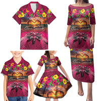 Hawaiian Turtle Love Couple Family Matching Puletasi and Hawaiian Shirt Ocean Serenade - Honu Honi Ihu with Hibiscus and Romantic Sunset Pink Color LT03 - Polynesian Pride