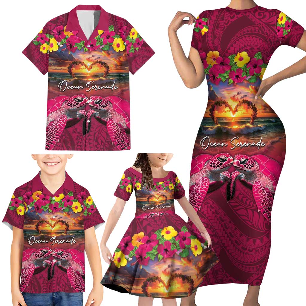 Hawaiian Turtle Love Couple Family Matching Short Sleeve Bodycon Dress and Hawaiian Shirt Ocean Serenade - Honu Honi Ihu with Hibiscus and Romantic Sunset Pink Color LT03 - Polynesian Pride