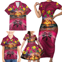 Hawaiian Turtle Love Couple Family Matching Short Sleeve Bodycon Dress and Hawaiian Shirt Ocean Serenade - Honu Honi Ihu with Hibiscus and Romantic Sunset Pink Color LT03 - Polynesian Pride