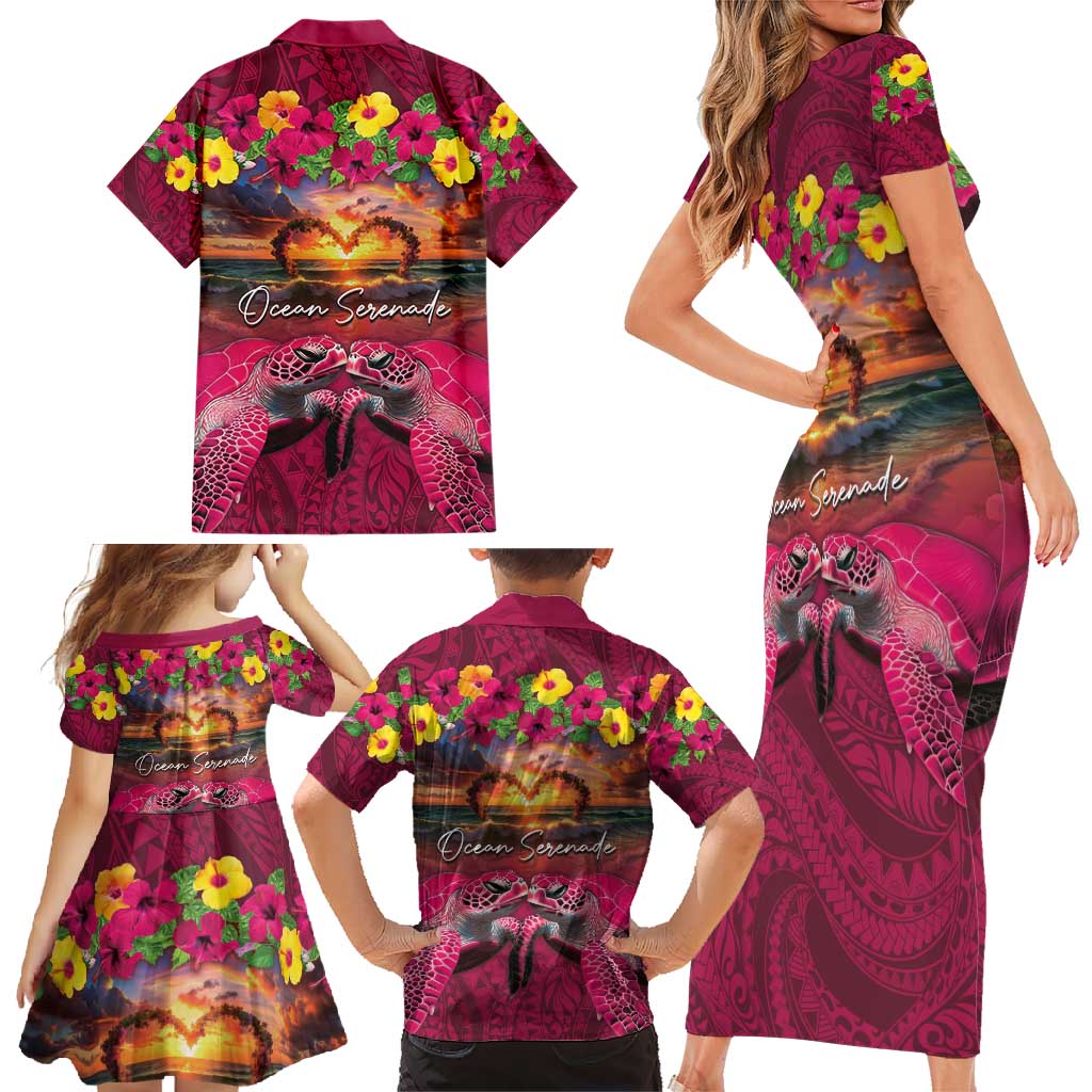 Hawaiian Turtle Love Couple Family Matching Short Sleeve Bodycon Dress and Hawaiian Shirt Ocean Serenade - Honu Honi Ihu with Hibiscus and Romantic Sunset Pink Color LT03 - Polynesian Pride