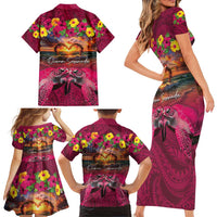 Hawaiian Turtle Love Couple Family Matching Short Sleeve Bodycon Dress and Hawaiian Shirt Ocean Serenade - Honu Honi Ihu with Hibiscus and Romantic Sunset Pink Color LT03 - Polynesian Pride