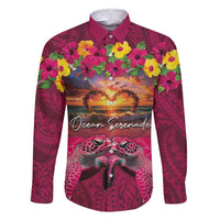 Hawaiian Turtle Love Couple Family Matching Short Sleeve Bodycon Dress and Hawaiian Shirt Ocean Serenade - Honu Honi Ihu with Hibiscus and Romantic Sunset Pink Color LT03 Dad's Shirt - Long Sleeve Pink - Polynesian Pride