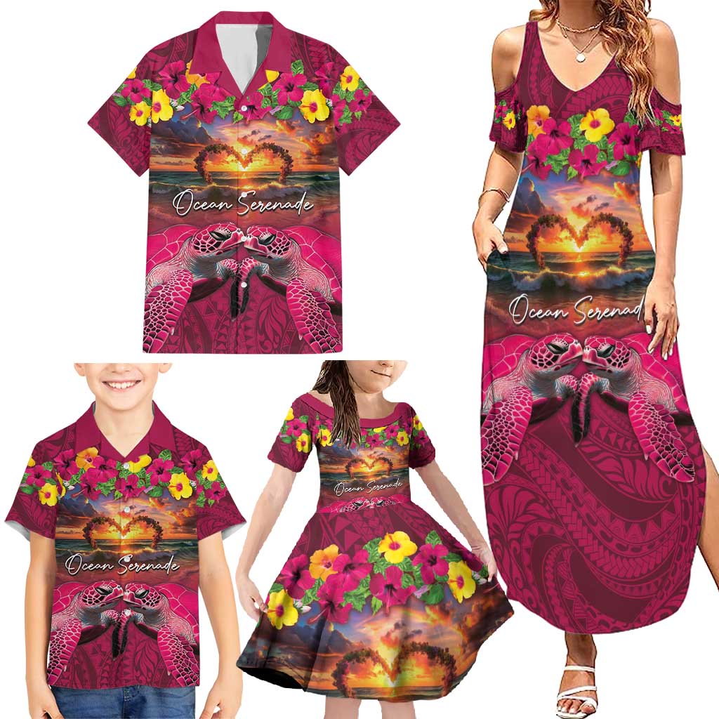 Hawaiian Turtle Love Couple Family Matching Summer Maxi Dress and Hawaiian Shirt Ocean Serenade - Honu Honi Ihu with Hibiscus and Romantic Sunset Pink Color LT03 - Polynesian Pride
