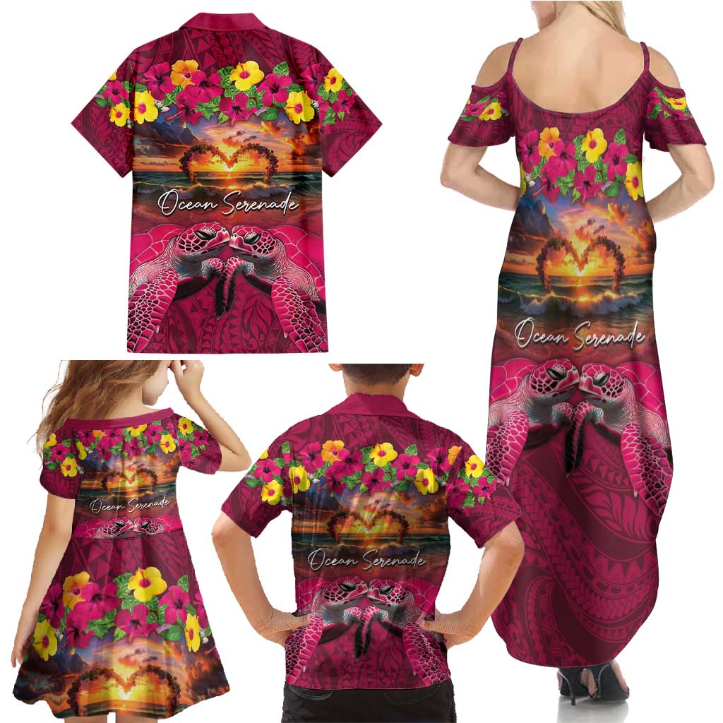 Hawaiian Turtle Love Couple Family Matching Summer Maxi Dress and Hawaiian Shirt Ocean Serenade - Honu Honi Ihu with Hibiscus and Romantic Sunset Pink Color LT03 - Polynesian Pride