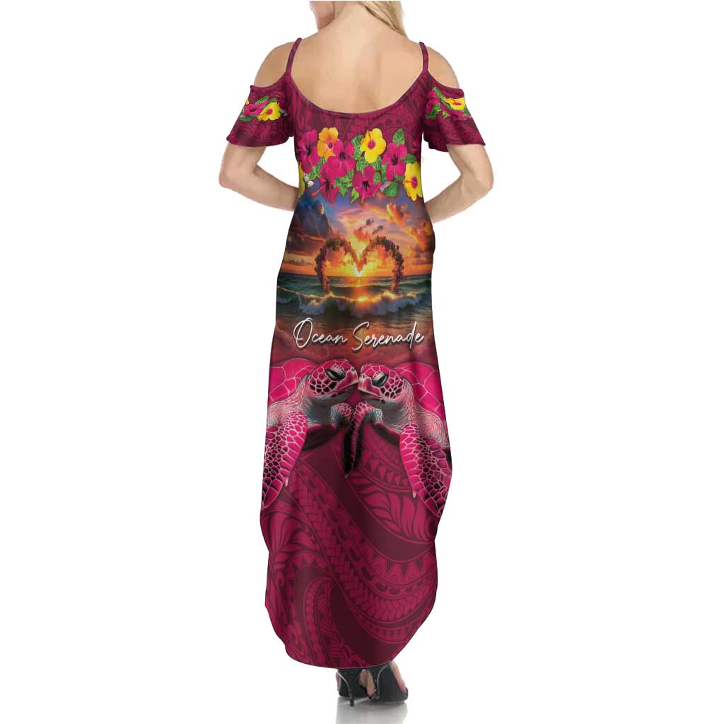 Hawaiian Turtle Love Couple Family Matching Summer Maxi Dress and Hawaiian Shirt Ocean Serenade - Honu Honi Ihu with Hibiscus and Romantic Sunset Pink Color LT03 - Polynesian Pride
