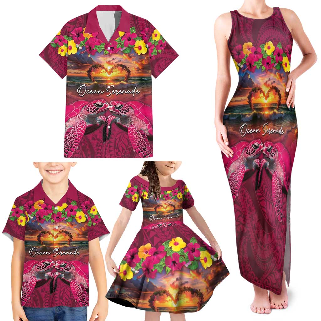 Hawaiian Turtle Love Couple Family Matching Tank Maxi Dress and Hawaiian Shirt Ocean Serenade - Honu Honi Ihu with Hibiscus and Romantic Sunset Pink Color LT03 - Polynesian Pride