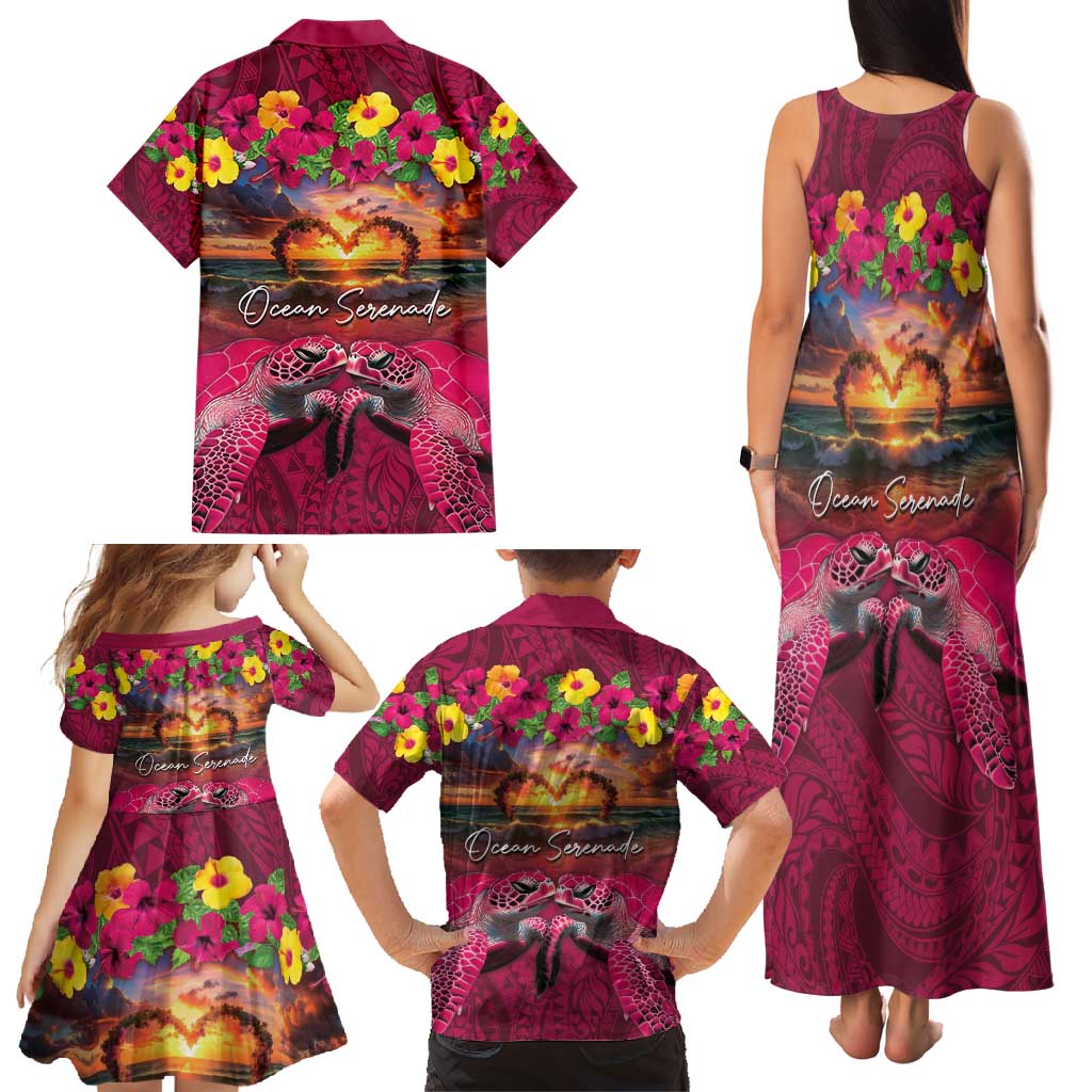 Hawaiian Turtle Love Couple Family Matching Tank Maxi Dress and Hawaiian Shirt Ocean Serenade - Honu Honi Ihu with Hibiscus and Romantic Sunset Pink Color LT03 - Polynesian Pride