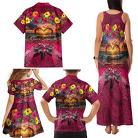 Hawaiian Turtle Love Couple Family Matching Tank Maxi Dress and Hawaiian Shirt Ocean Serenade - Honu Honi Ihu with Hibiscus and Romantic Sunset Pink Color LT03 - Polynesian Pride