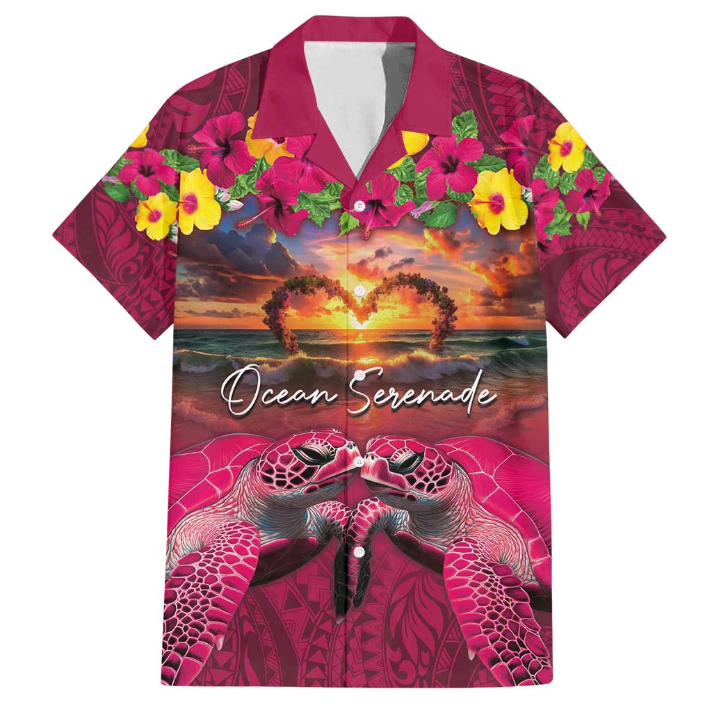 Hawaiian Turtle Love Couple Family Matching Tank Maxi Dress and Hawaiian Shirt Ocean Serenade - Honu Honi Ihu with Hibiscus and Romantic Sunset Pink Color LT03 Dad's Shirt - Short Sleeve Pink - Polynesian Pride