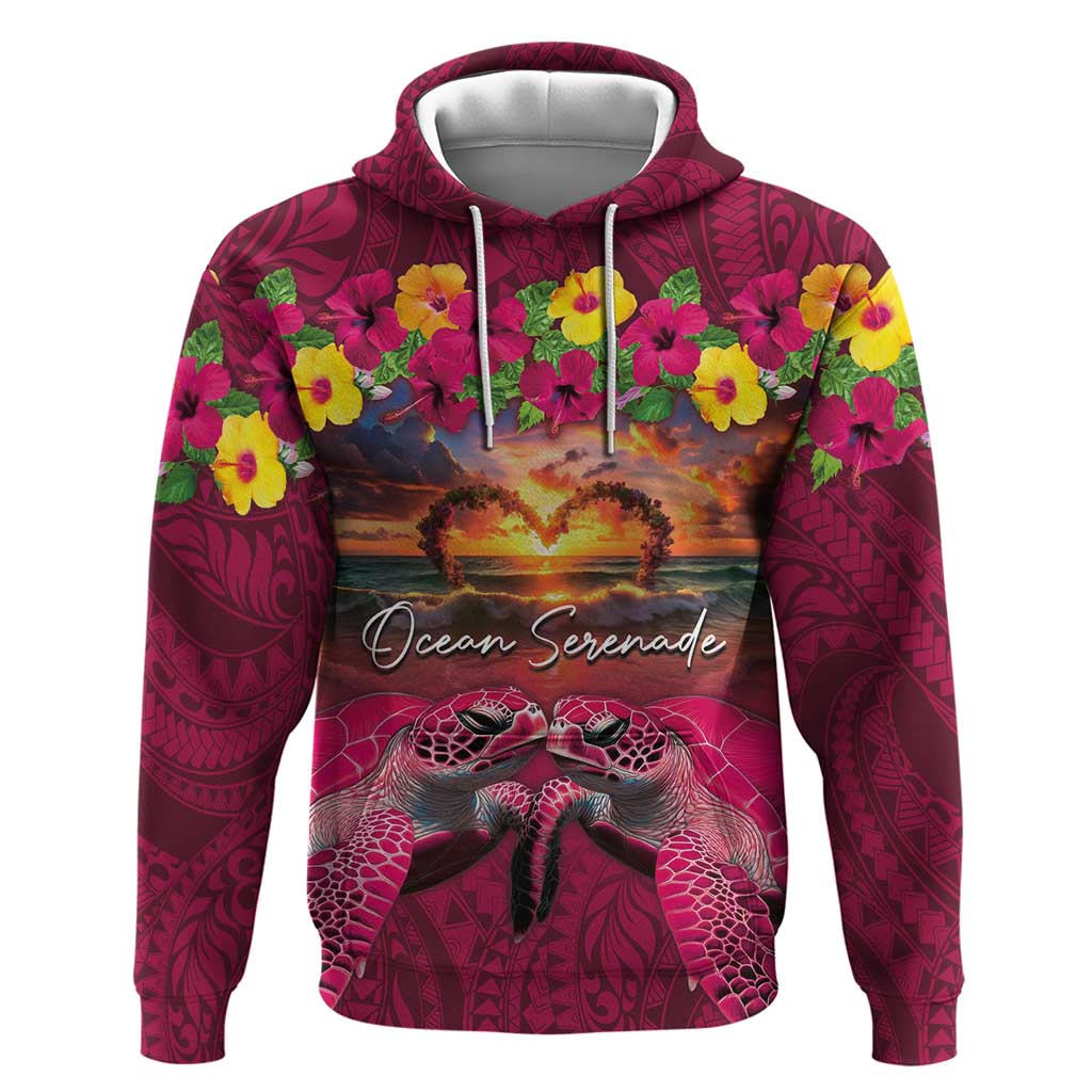 Hawaiian Turtle Love Couple Hoodie Ocean Serenade - Honu Honi Ihu with Hibiscus and Romantic Sunset Pink Color LT03 Pullover Hoodie Pink - Polynesian Pride