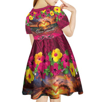 Hawaiian Turtle Love Couple Kid Short Sleeve Dress Ocean Serenade - Honu Honi Ihu with Hibiscus and Romantic Sunset Pink Color LT03 - Polynesian Pride