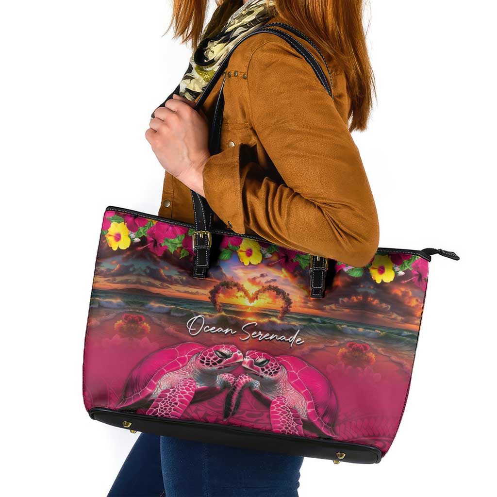 Hawaiian Turtle Love Couple Leather Tote Bag Ocean Serenade - Honu Honi Ihu with Hibiscus and Romantic Sunset Pink Color LT03 Pink - Polynesian Pride