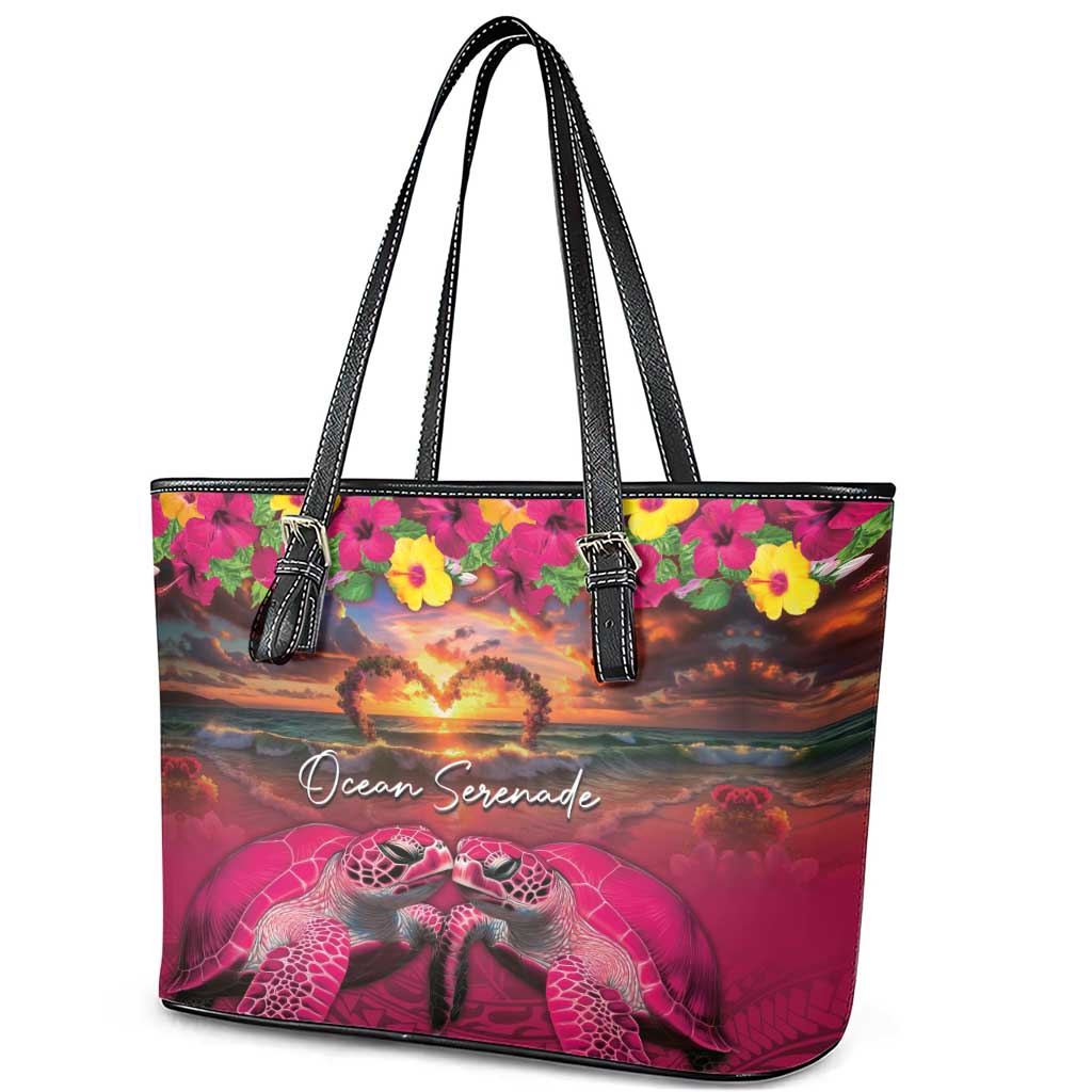 Hawaiian Turtle Love Couple Leather Tote Bag Ocean Serenade - Honu Honi Ihu with Hibiscus and Romantic Sunset Pink Color LT03 - Polynesian Pride
