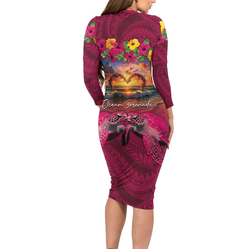Hawaiian Turtle Love Couple Long Sleeve Bodycon Dress Ocean Serenade - Honu Honi Ihu with Hibiscus and Romantic Sunset Pink Color LT03 - Polynesian Pride