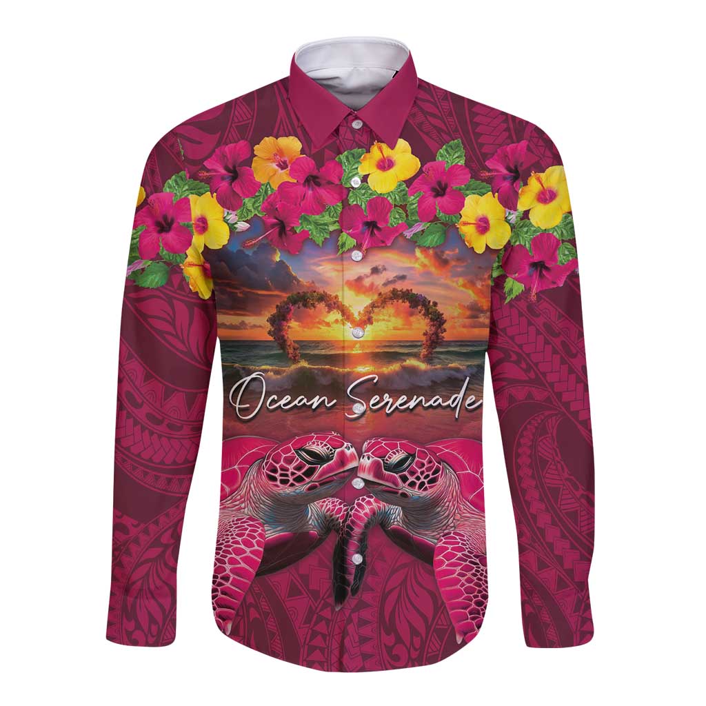 Hawaiian Turtle Love Couple Long Sleeve Button Shirt Ocean Serenade - Honu Honi Ihu with Hibiscus and Romantic Sunset Pink Color LT03 Unisex Pink - Polynesian Pride