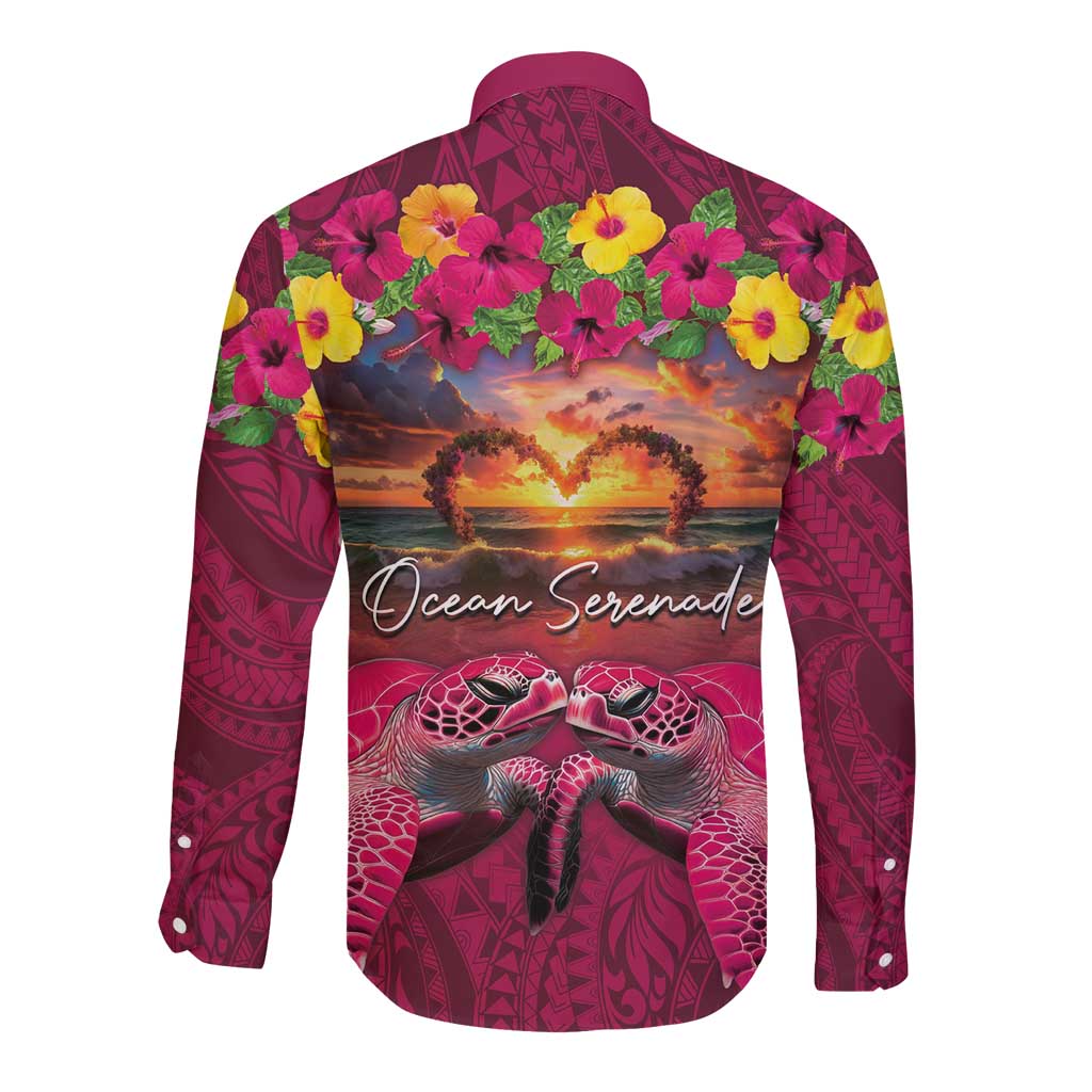 Hawaiian Turtle Love Couple Long Sleeve Button Shirt Ocean Serenade - Honu Honi Ihu with Hibiscus and Romantic Sunset Pink Color LT03 - Polynesian Pride