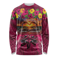 Hawaiian Turtle Love Couple Long Sleeve Shirt Ocean Serenade - Honu Honi Ihu with Hibiscus and Romantic Sunset Pink Color LT03 Unisex Pink - Polynesian Pride